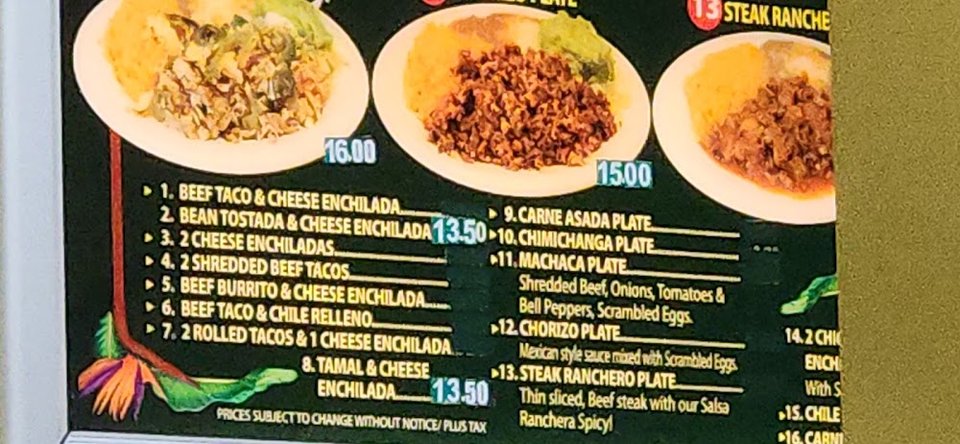 Breakfast burritos listed on a menu page
