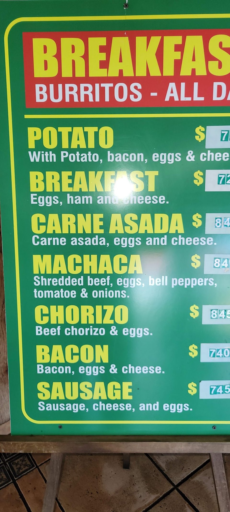 Printed menu for breakfast, lunch, and dinner